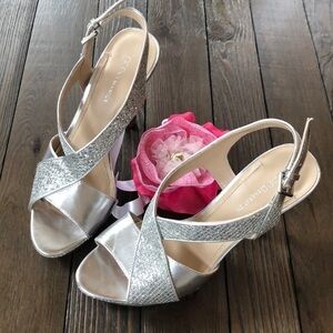 BCBGeneration Awesome silver sparkle sandal heels